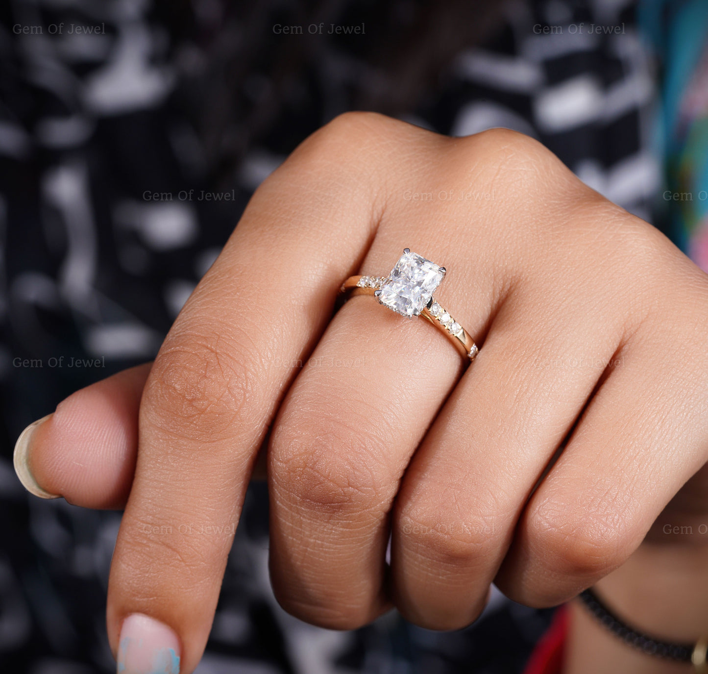 Radiant Cut Diamond Two Tone Gold Ring With Halo Of Round Moissanite Diamond And Unique Eternity Band, Solid Gold Ring, Radiant Diamond Ring