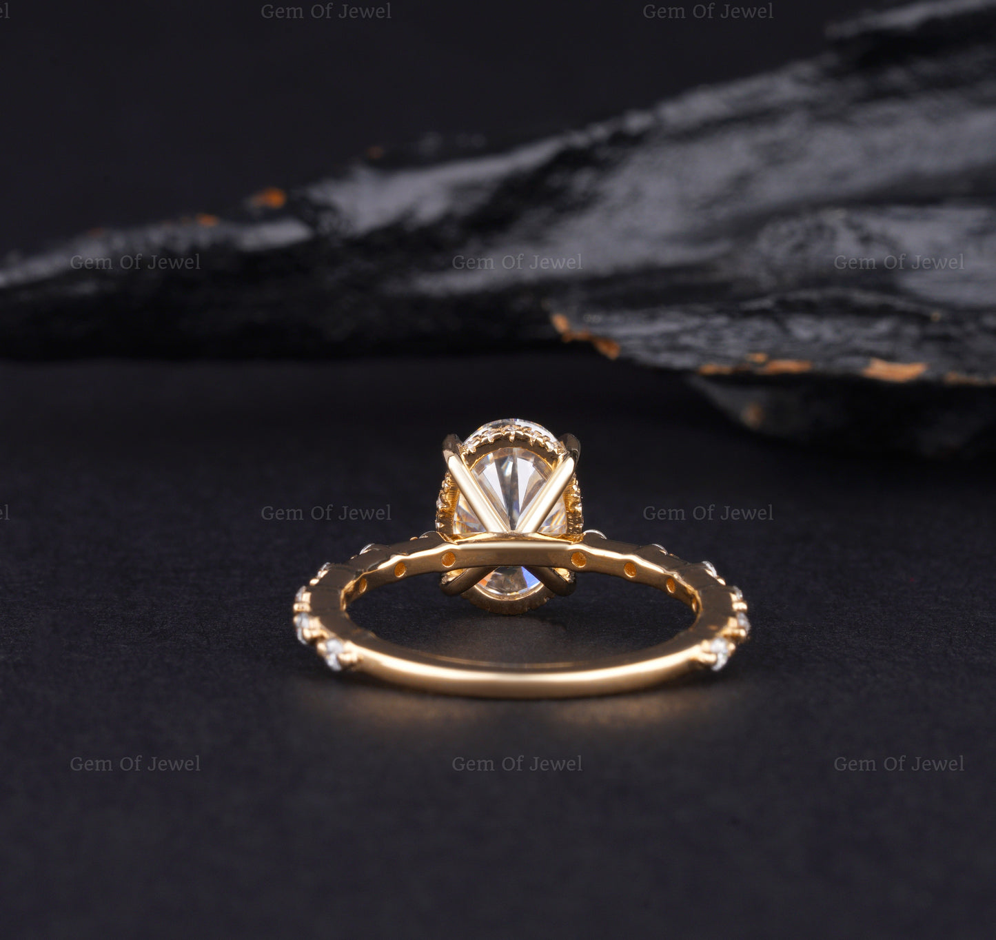 Oval Diamond Moissanite Ring With Round Moissanite Diamond On Band Solid Gold Ring, Oval Diamond Moissanite Ring With Eternity Band Ring