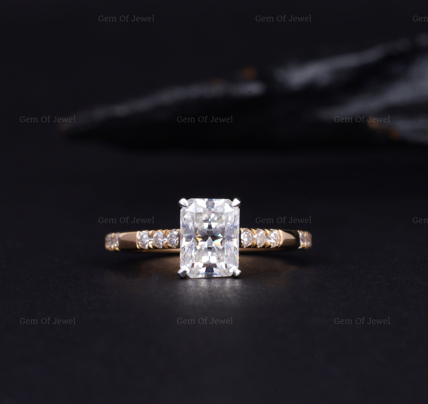 Radiant Cut Diamond Two Tone Gold Ring With Halo Of Round Moissanite Diamond And Unique Eternity Band, Solid Gold Ring, Radiant Diamond Ring