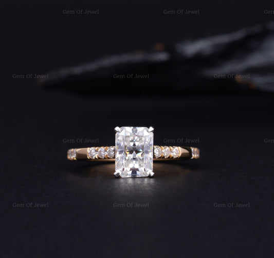 Radiant Cut Diamond Two Tone Gold Ring With Halo Of Round Moissanite Diamond And Unique Eternity Band, Solid Gold Ring, Radiant Diamond Ring