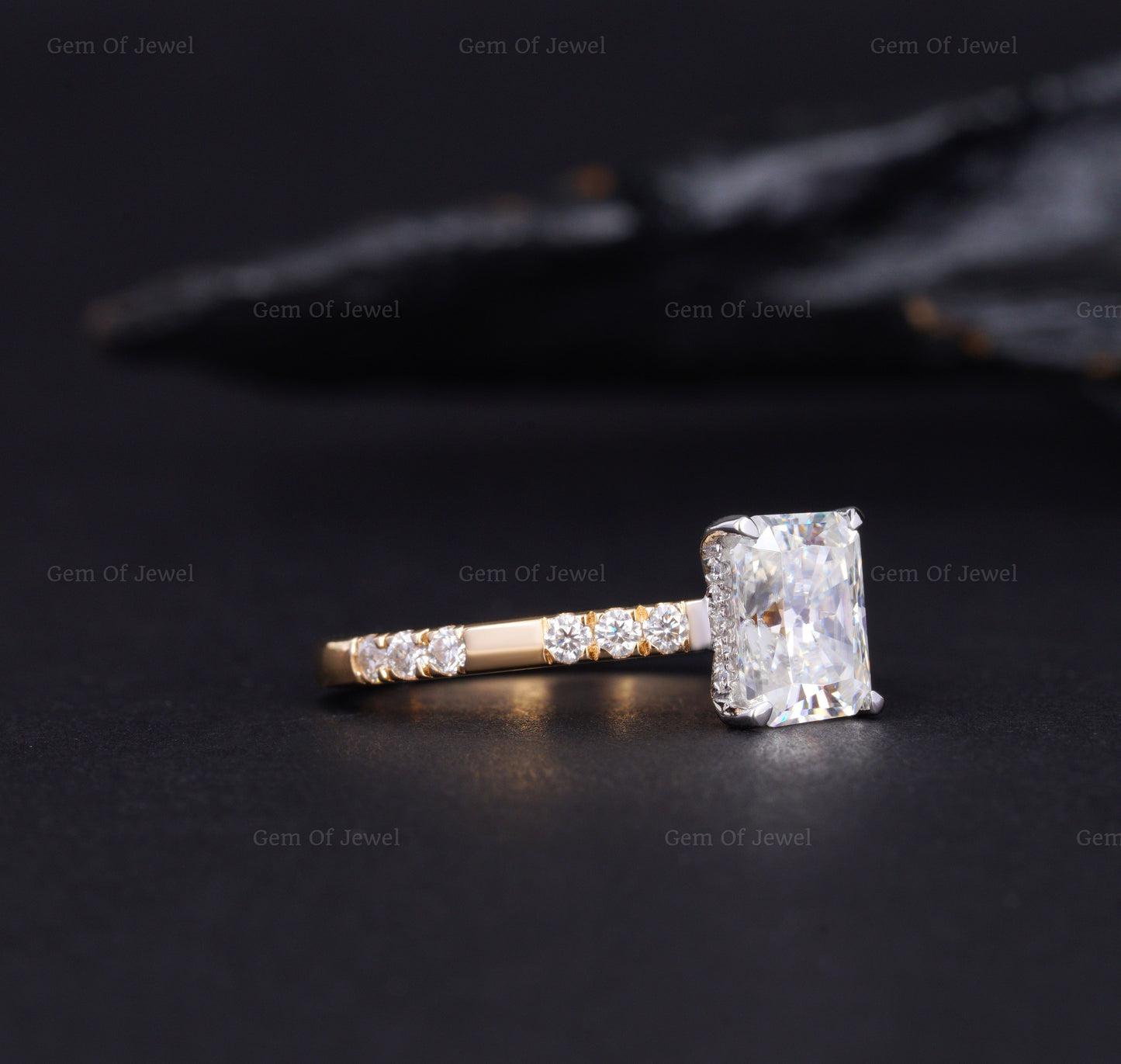 Radiant Cut Diamond Two Tone Gold Ring With Halo Of Round Moissanite Diamond And Unique Eternity Band, Solid Gold Ring, Radiant Diamond Ring