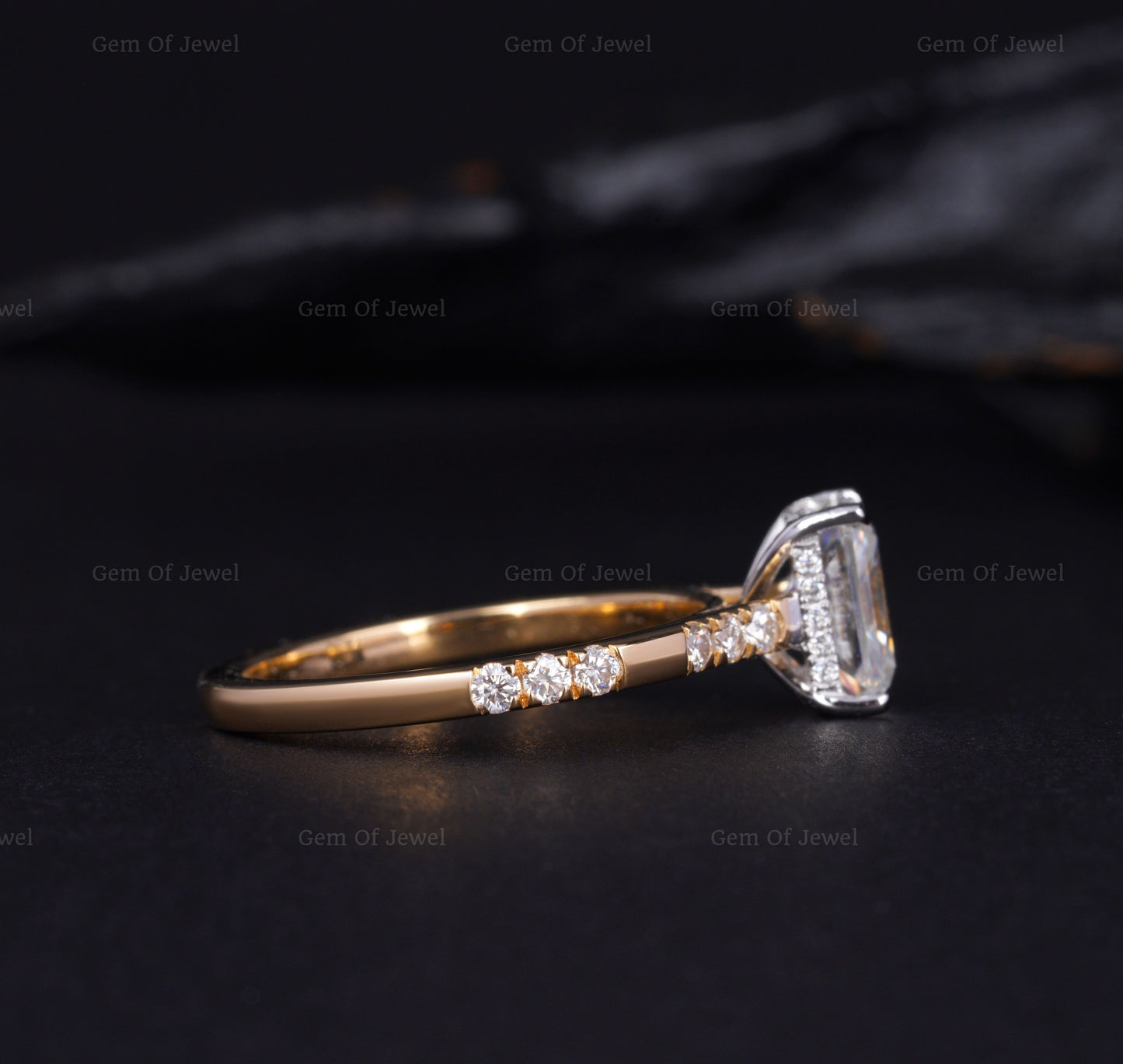 Radiant Cut Diamond Two Tone Gold Ring With Halo Of Round Moissanite Diamond And Unique Eternity Band, Solid Gold Ring, Radiant Diamond Ring