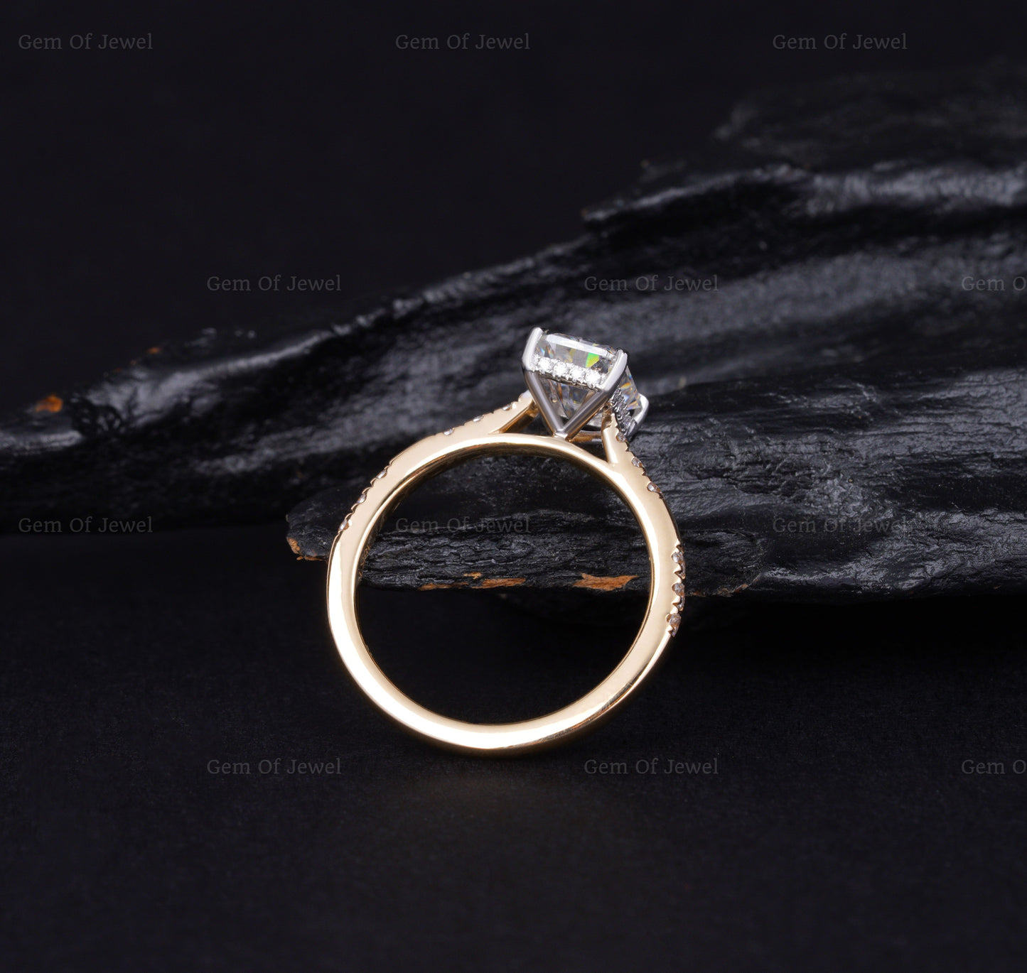 Radiant Cut Diamond Two Tone Gold Ring With Halo Of Round Moissanite Diamond And Unique Eternity Band, Solid Gold Ring, Radiant Diamond Ring