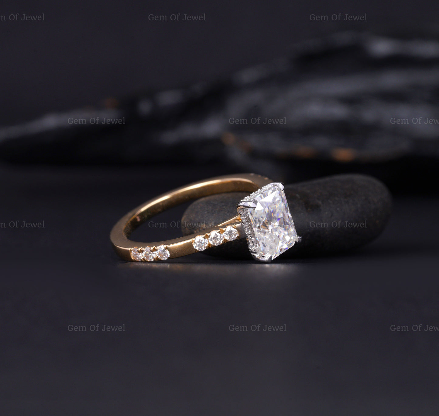 Radiant Cut Diamond Two Tone Gold Ring With Halo Of Round Moissanite Diamond And Unique Eternity Band, Solid Gold Ring, Radiant Diamond Ring