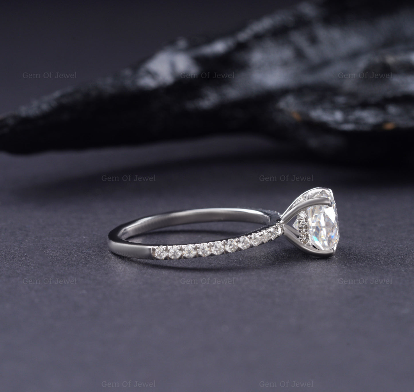 Cushion Moissanite Diamond With Halo Of Round Moissanite Diamond And Half Pave Eternity Ring, Cushion Moissanite Diamond Engagement Ring