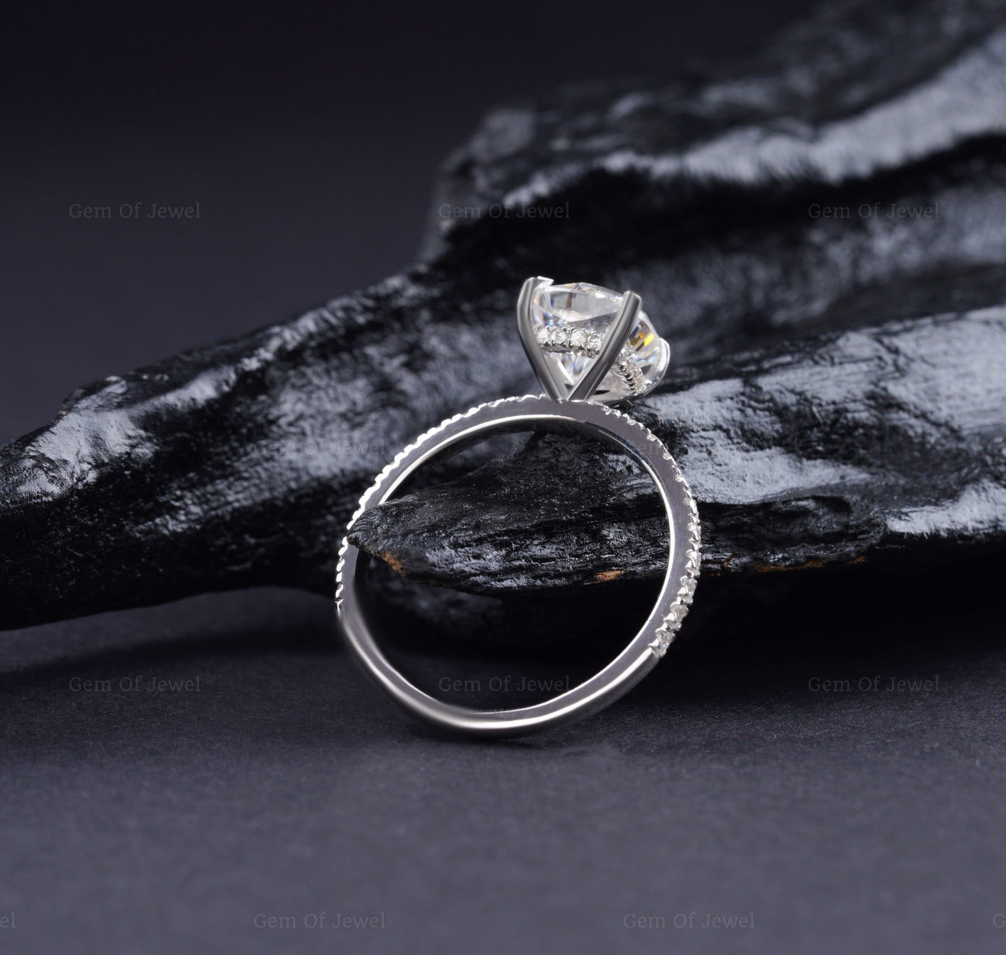 Cushion Moissanite Diamond With Halo Of Round Moissanite Diamond And Half Pave Eternity Ring, Cushion Moissanite Diamond Engagement Ring
