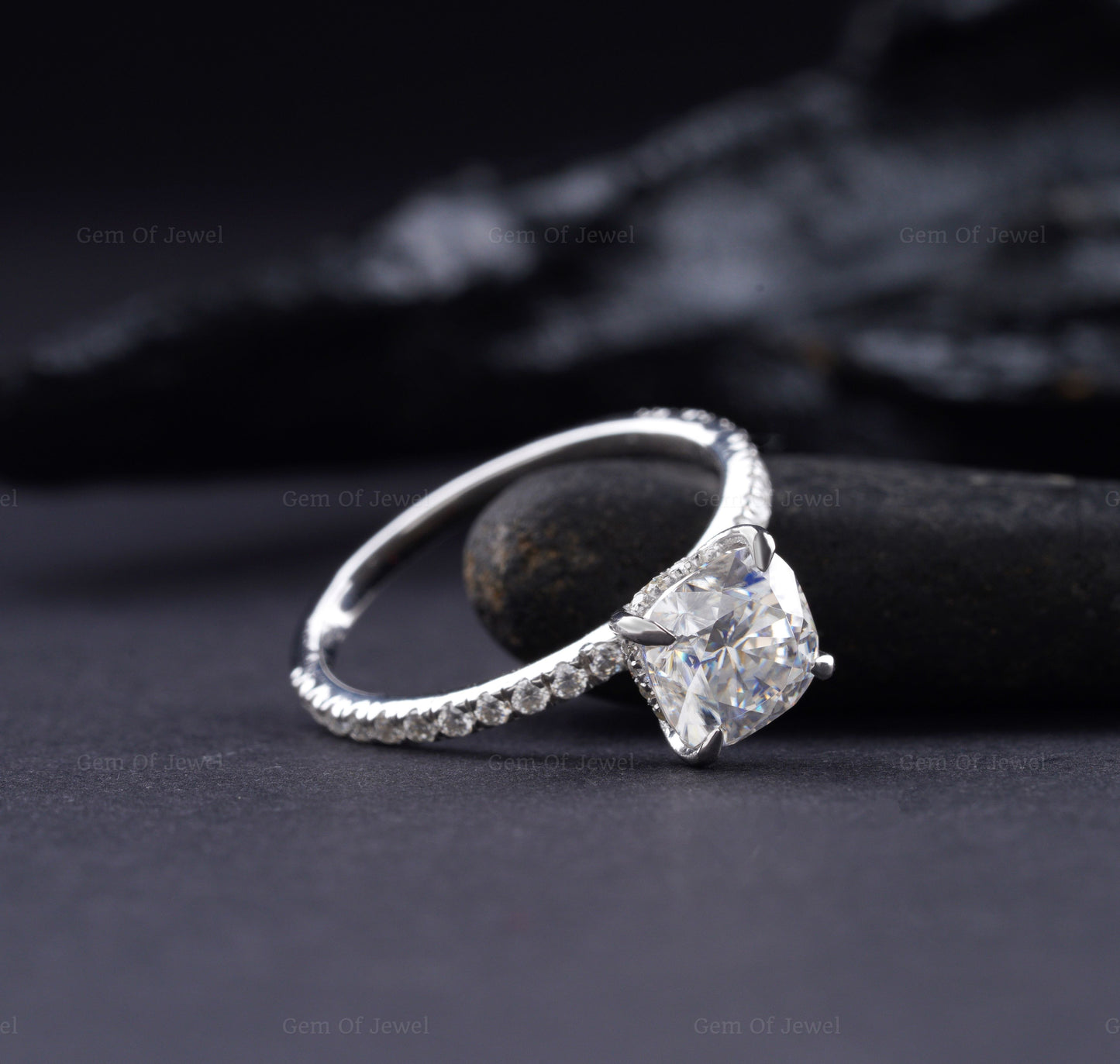 Cushion Moissanite Diamond With Halo Of Round Moissanite Diamond And Half Pave Eternity Ring, Cushion Moissanite Diamond Engagement Ring