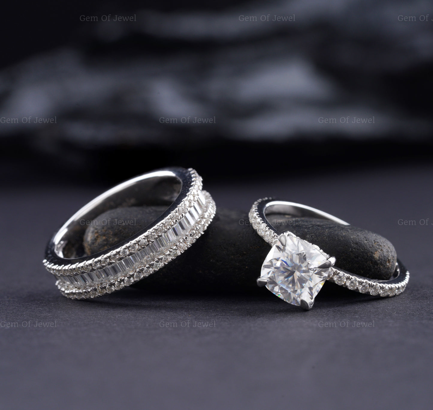 Cushion Cut Moissanite Diamond Gold Ring With Baguette Diamond Moissanite Band Bridal Set, Wedding Ring, Cushion Moissanite Bridal Ring Set