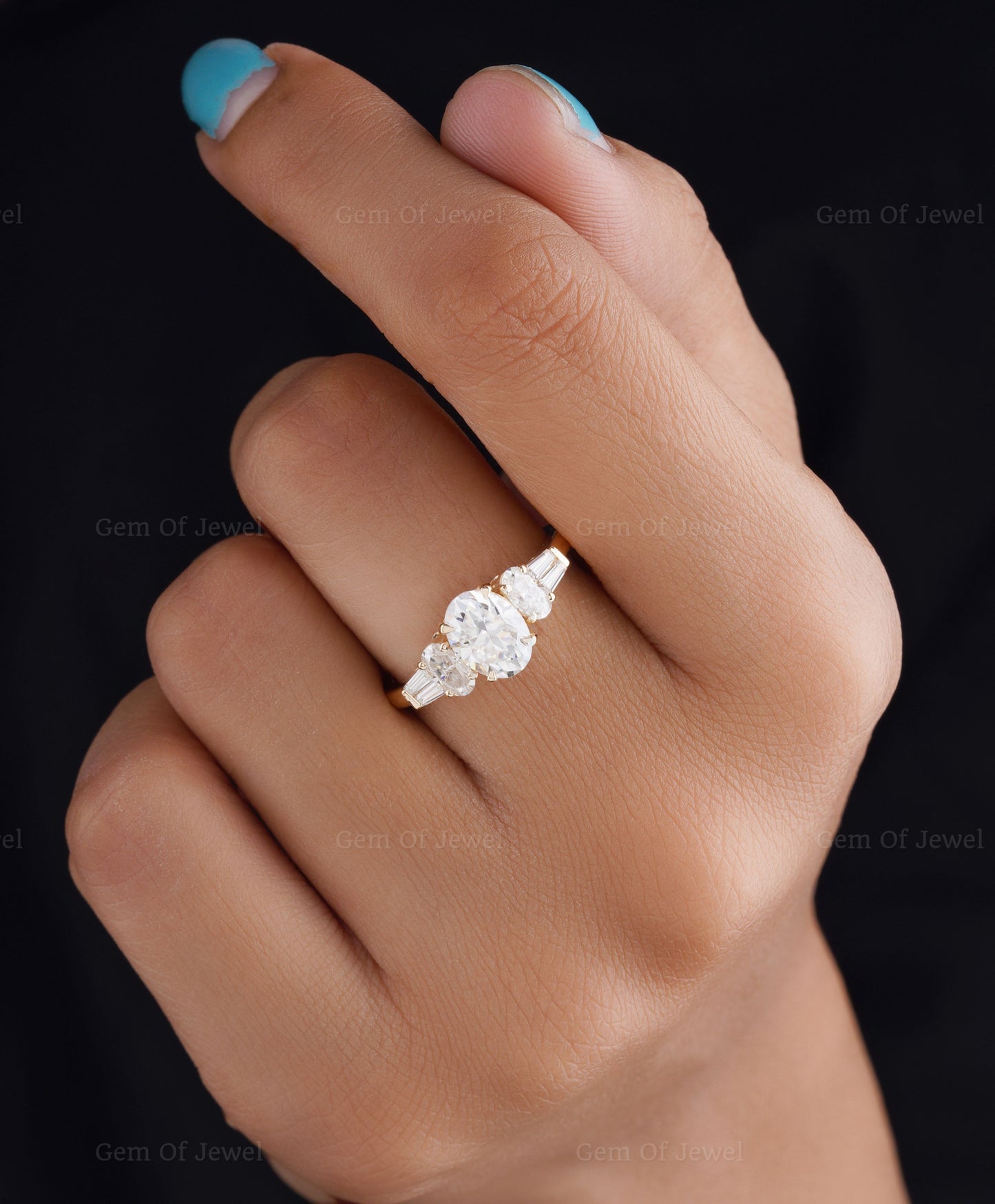 Oval Diamond Moissanite Ring With Side Oval And Tapered Baguette Moissanite 5 Stone Diamond Engagement Ring, Oval Cluster Diamond Ring Gift