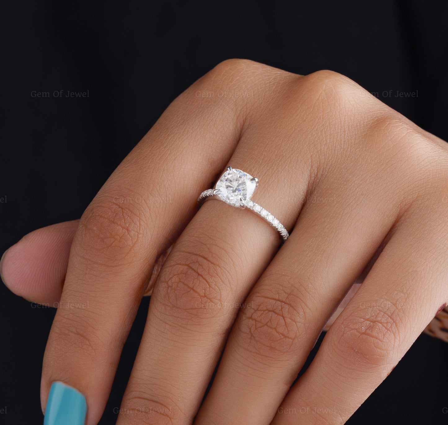 Cushion Moissanite Diamond With Halo Of Round Moissanite Diamond And Half Pave Eternity Ring, Cushion Moissanite Diamond Engagement Ring