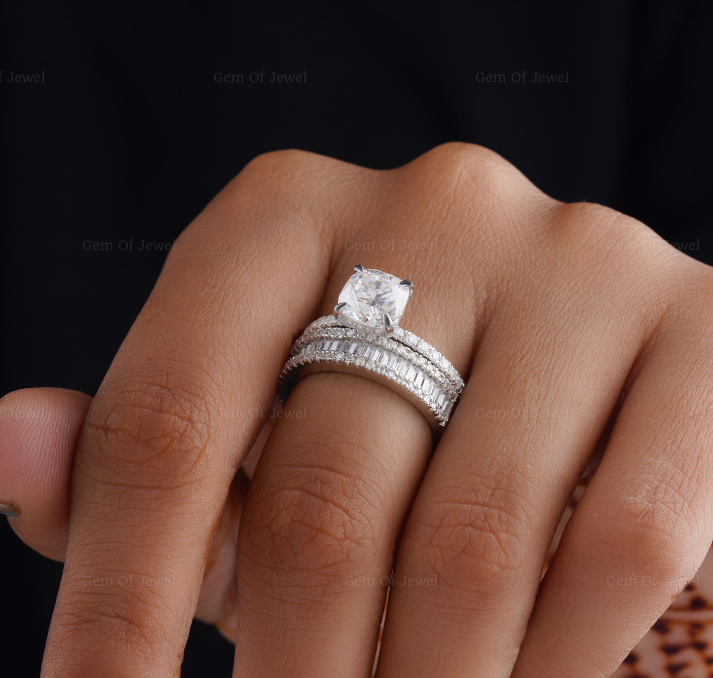 Cushion Cut Moissanite Diamond Gold Ring With Baguette Diamond Moissanite Band Bridal Set, Wedding Ring, Cushion Moissanite Bridal Ring Set