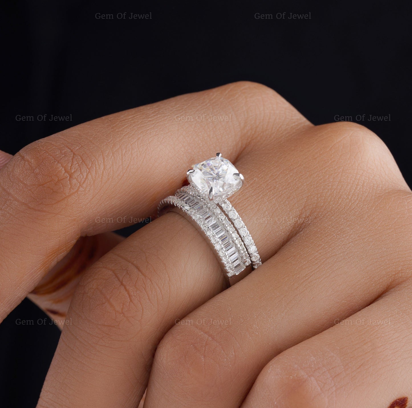 Cushion Cut Moissanite Diamond Gold Ring With Baguette Diamond Moissanite Band Bridal Set, Wedding Ring, Cushion Moissanite Bridal Ring Set