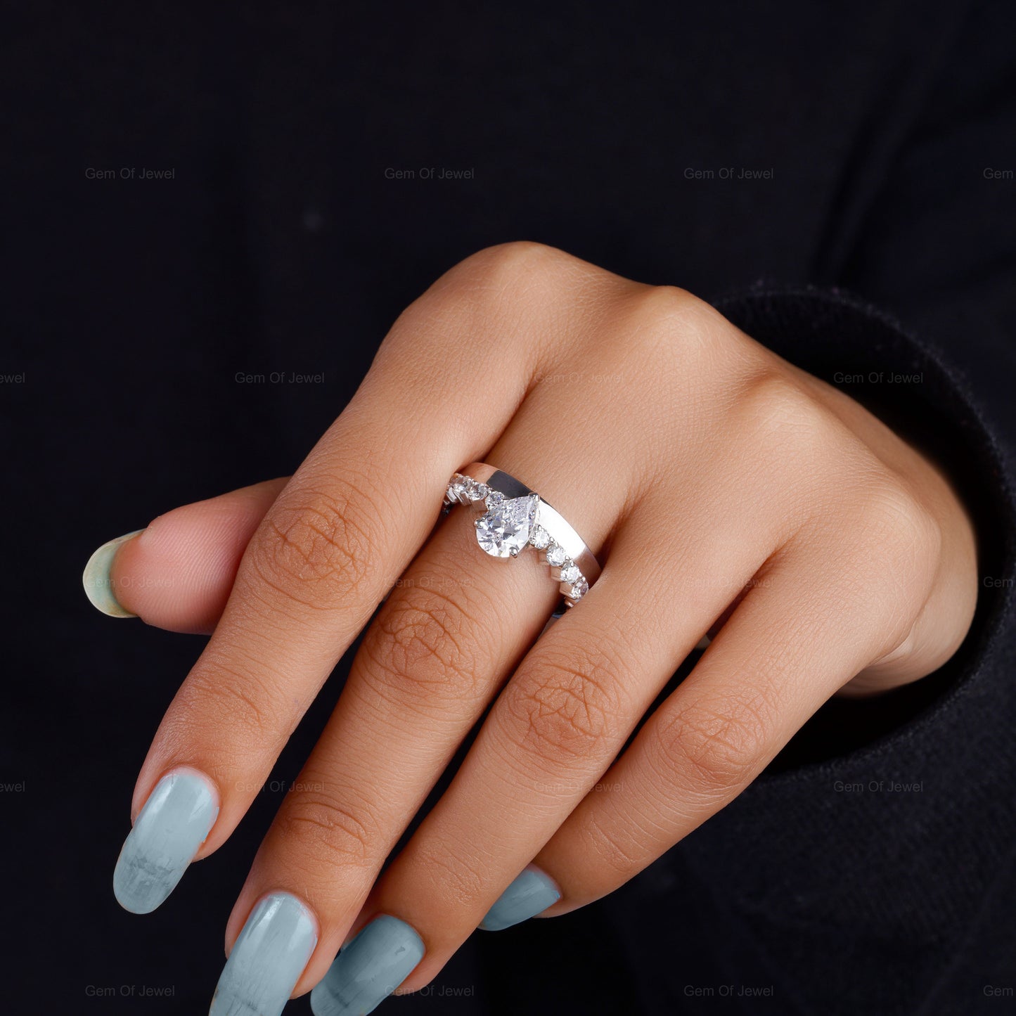 Pear Moissanite Diamond Ring, Pear Moissanite Ring, Ring And Band Joined Design, Mixed Ring Set, Pear Diamond With Illusional Band Ring Gift