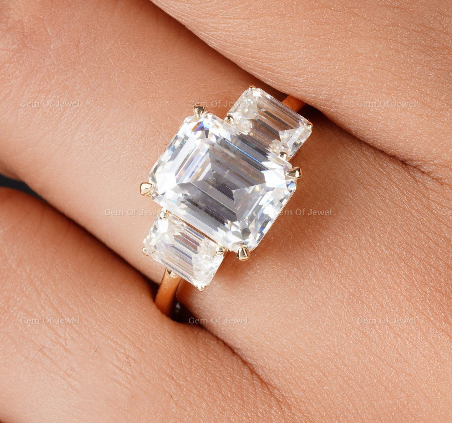 Emerald Diamond Moissanite Three Stone Ring, Emerald Cut Three Stone Ring For Her, Emerald Moissanite Diamond Ring, Emerald Three Stone Ring