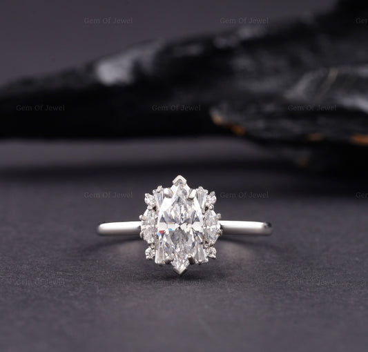 Marquise Diamond Moissanite Vintage Ring With Side Round, Marquise, And Tapered Baguette Cluster Ring, Marquise Moissanite Diamond Ring Gift