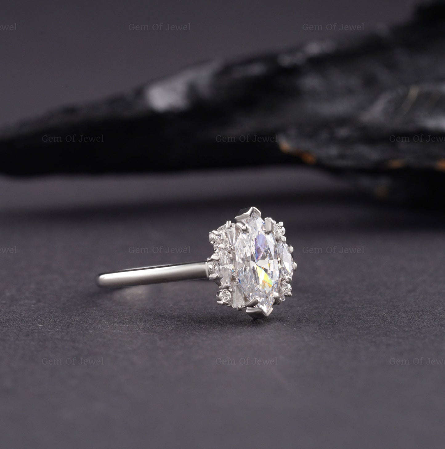 Marquise Diamond Moissanite Vintage Ring With Side Round, Marquise, And Tapered Baguette Cluster Ring, Marquise Moissanite Diamond Ring Gift