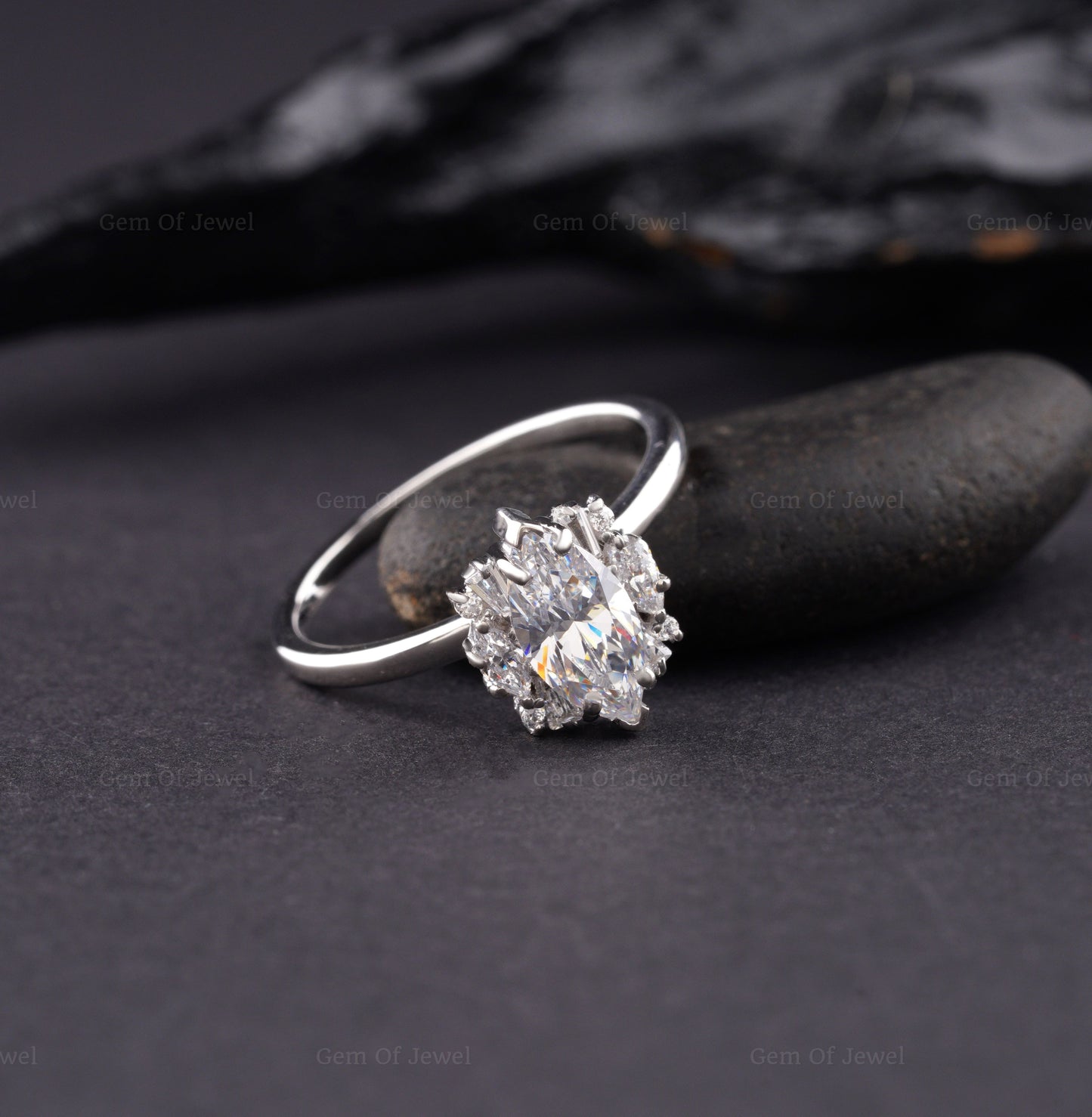 Marquise Diamond Moissanite Vintage Ring With Side Round, Marquise, And Tapered Baguette Cluster Ring, Marquise Moissanite Diamond Ring Gift