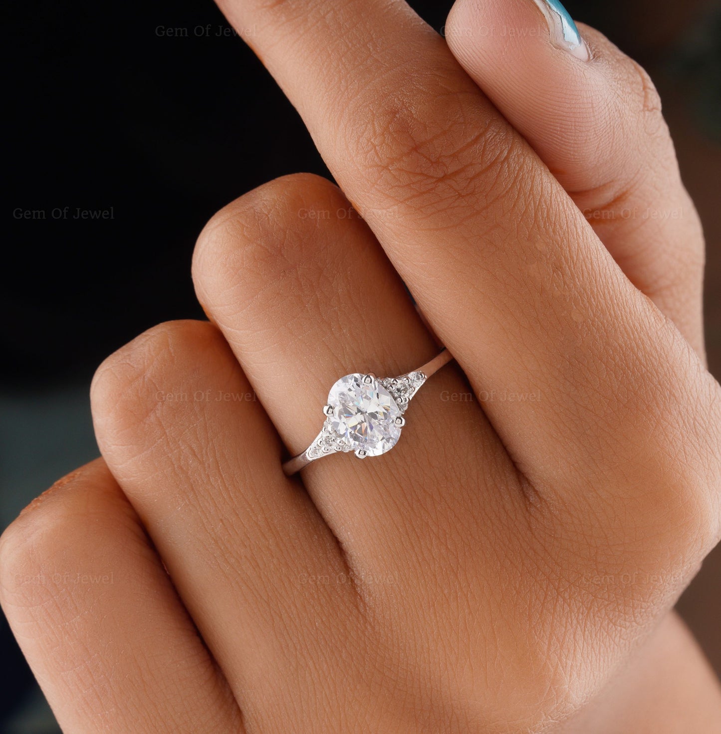 1CT Oval Moissanite Diamond Engagement Ring With Side Round Moissanite Diamond Ring, Oval Moissanite Diamond Engagement Ring Gift For Her