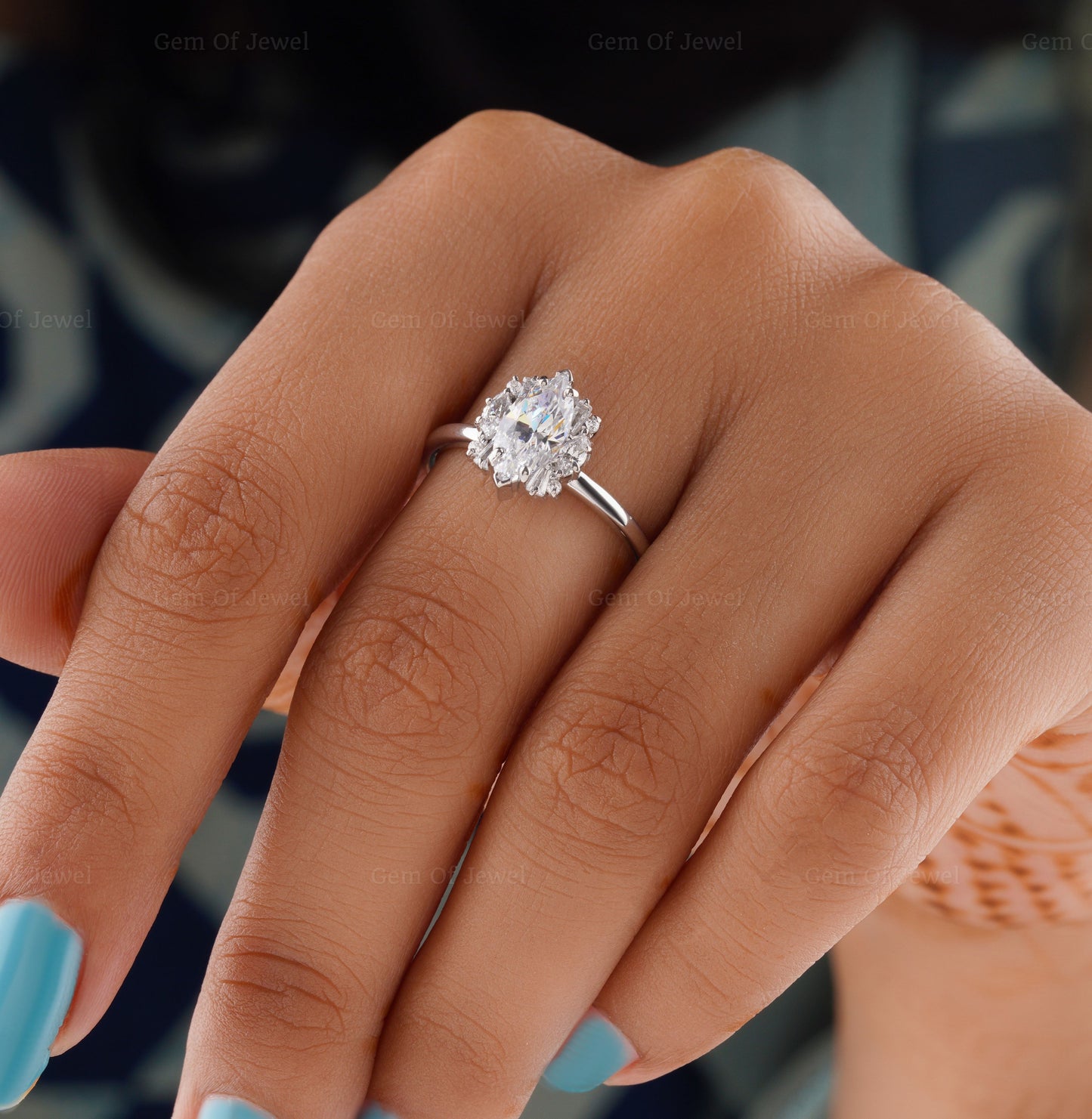 Marquise Diamond Moissanite Vintage Ring With Side Round, Marquise, And Tapered Baguette Cluster Ring, Marquise Moissanite Diamond Ring Gift