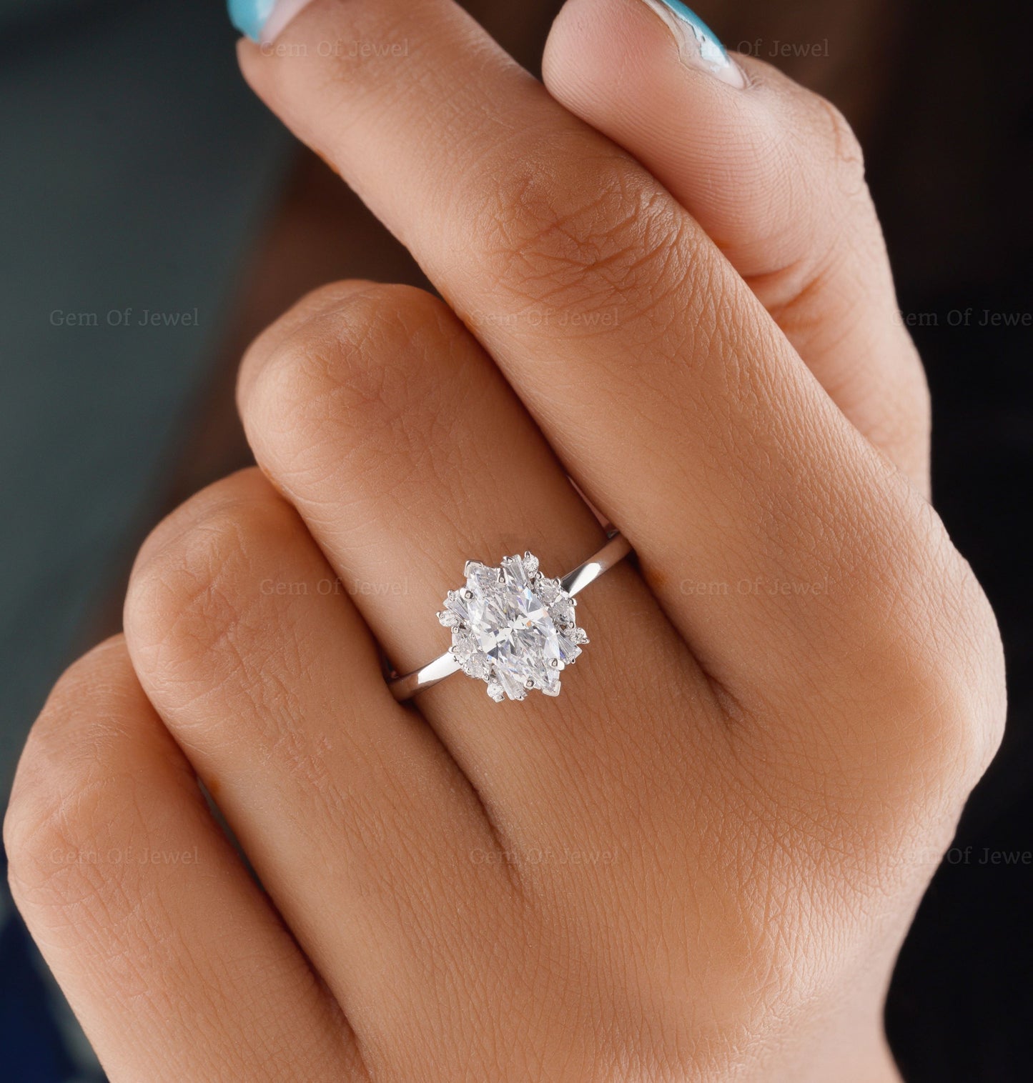 Marquise Diamond Moissanite Vintage Ring With Side Round, Marquise, And Tapered Baguette Cluster Ring, Marquise Moissanite Diamond Ring Gift