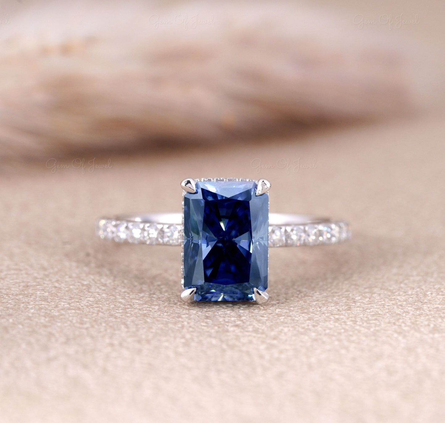 Blue Moissanite Radiant Diamond Ring With Halo, Blue Diamond Radiant Moissanite 3CT Diamond Ring For Her, Blue Moissanite Diamond Ring