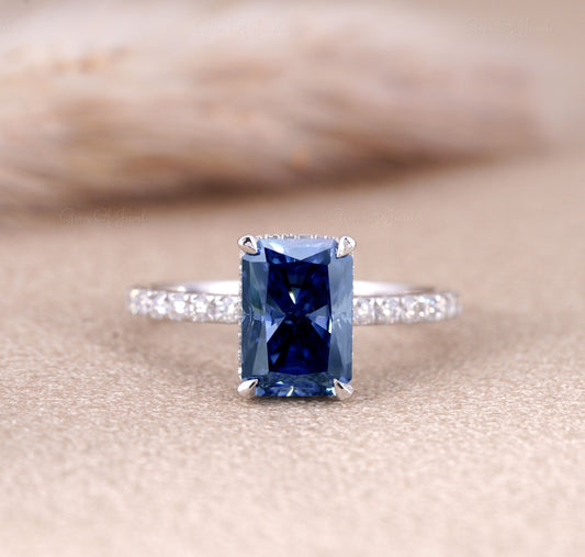 Blue Moissanite Radiant Diamond Ring With Halo, Blue Diamond Radiant Moissanite 3CT Diamond Ring For Her, Blue Moissanite Diamond Ring