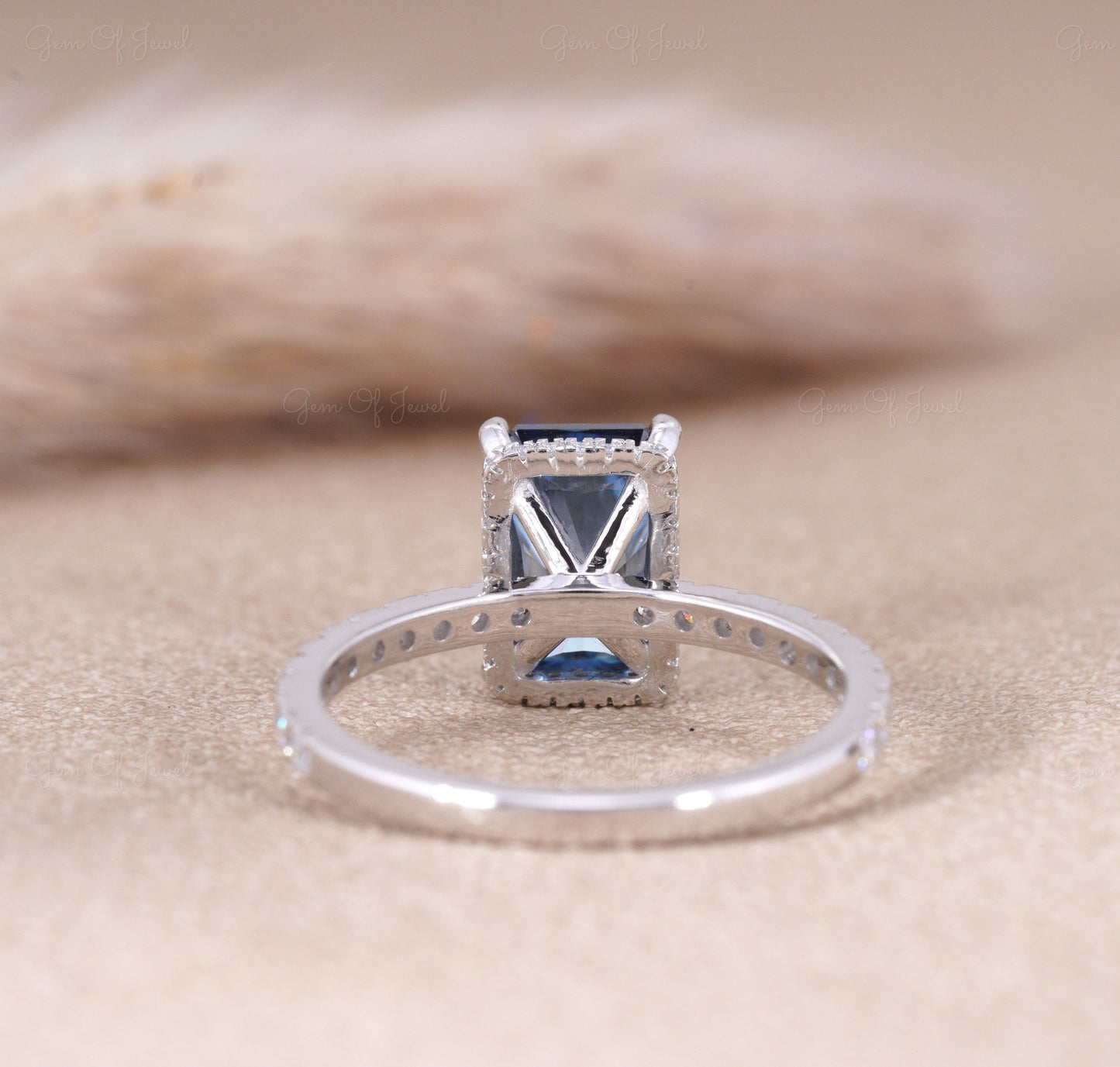 Blue Moissanite Radiant Diamond Ring With Halo, Blue Diamond Radiant Moissanite 3CT Diamond Ring For Her, Blue Moissanite Diamond Ring