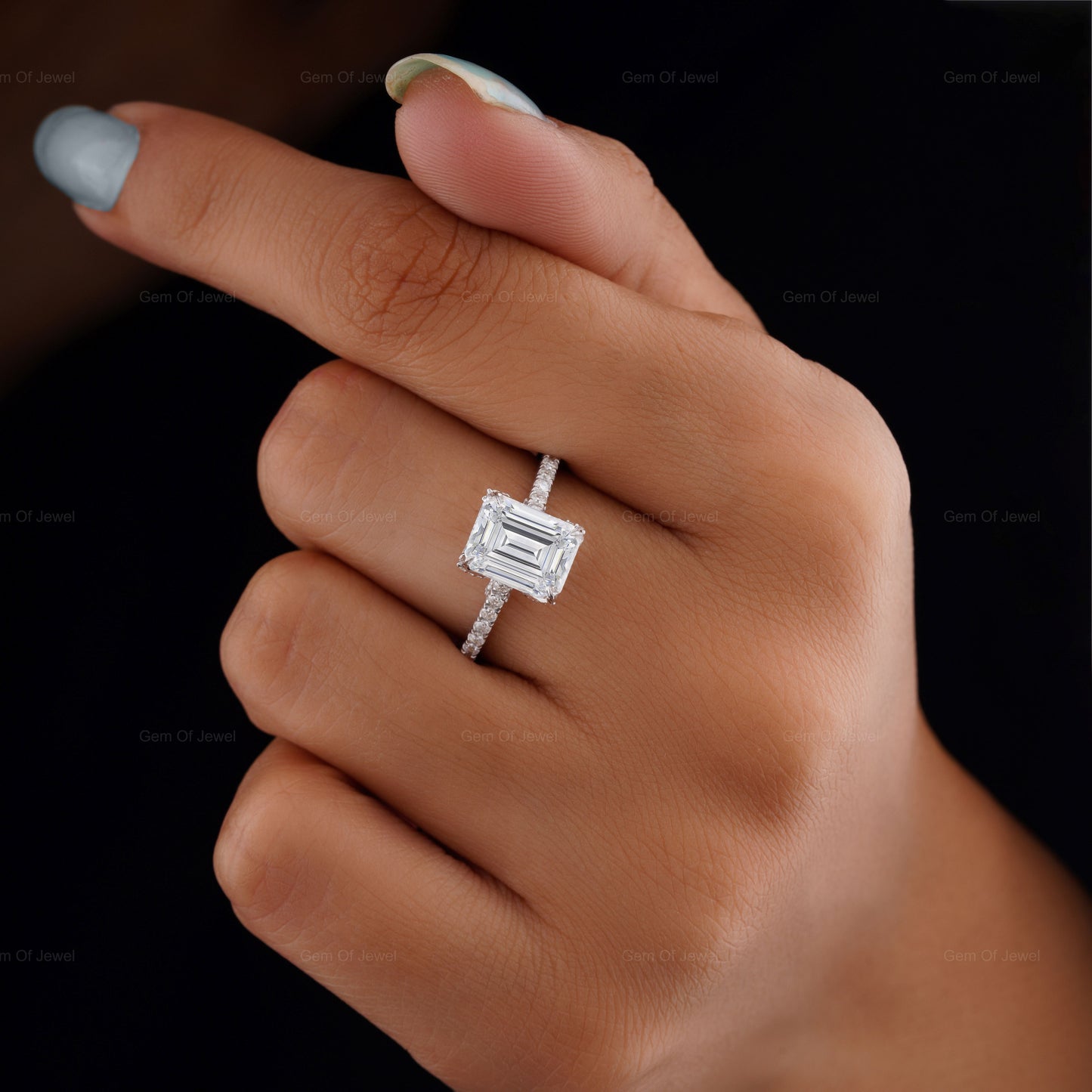 Emerald Cut Moissanite Diamond With Halo Of Round Moissanite Diamond And Petal Prong Solid Gold Ring, Lotus Prong Ring, Emerald Diamond Ring