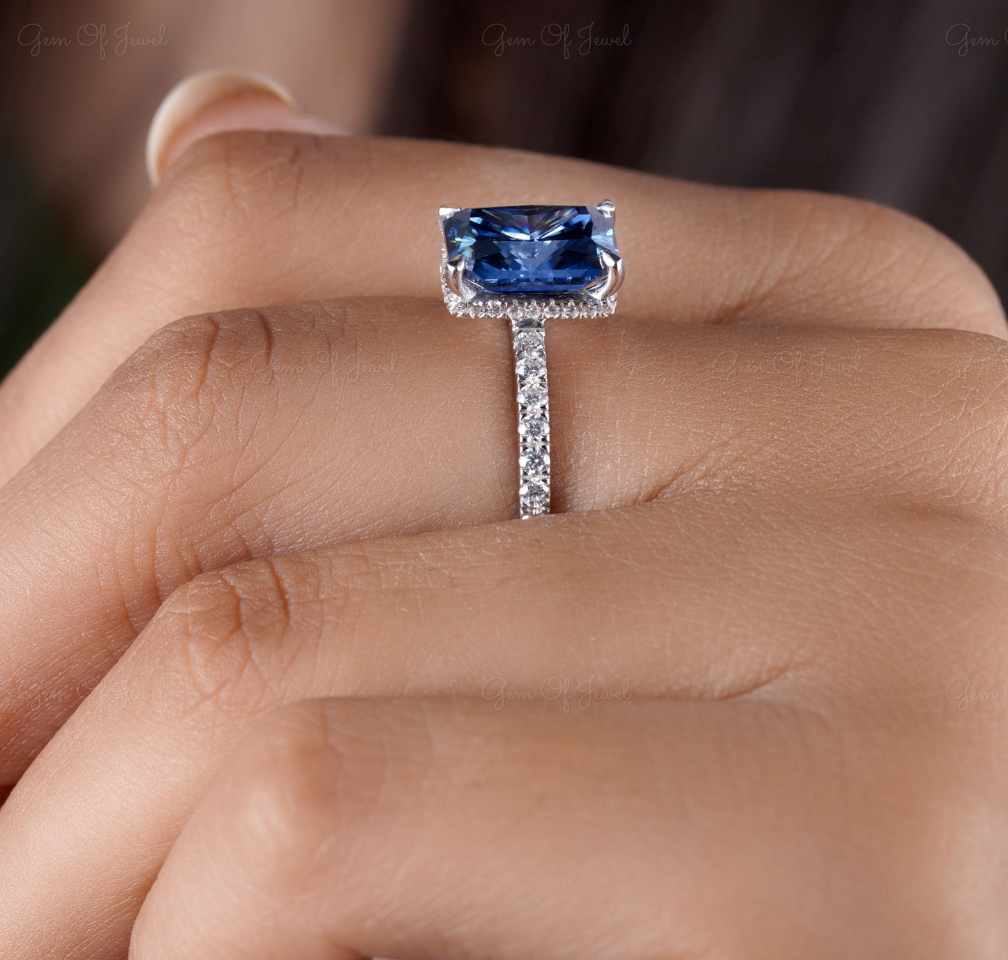 Blue Moissanite Radiant Diamond Ring With Halo, Blue Diamond Radiant Moissanite 3CT Diamond Ring For Her, Blue Moissanite Diamond Ring