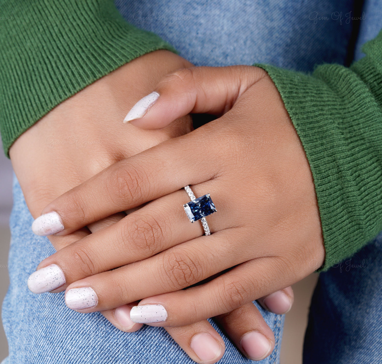Blue Moissanite Radiant Diamond Ring With Halo, Blue Diamond Radiant Moissanite 3CT Diamond Ring For Her, Blue Moissanite Diamond Ring
