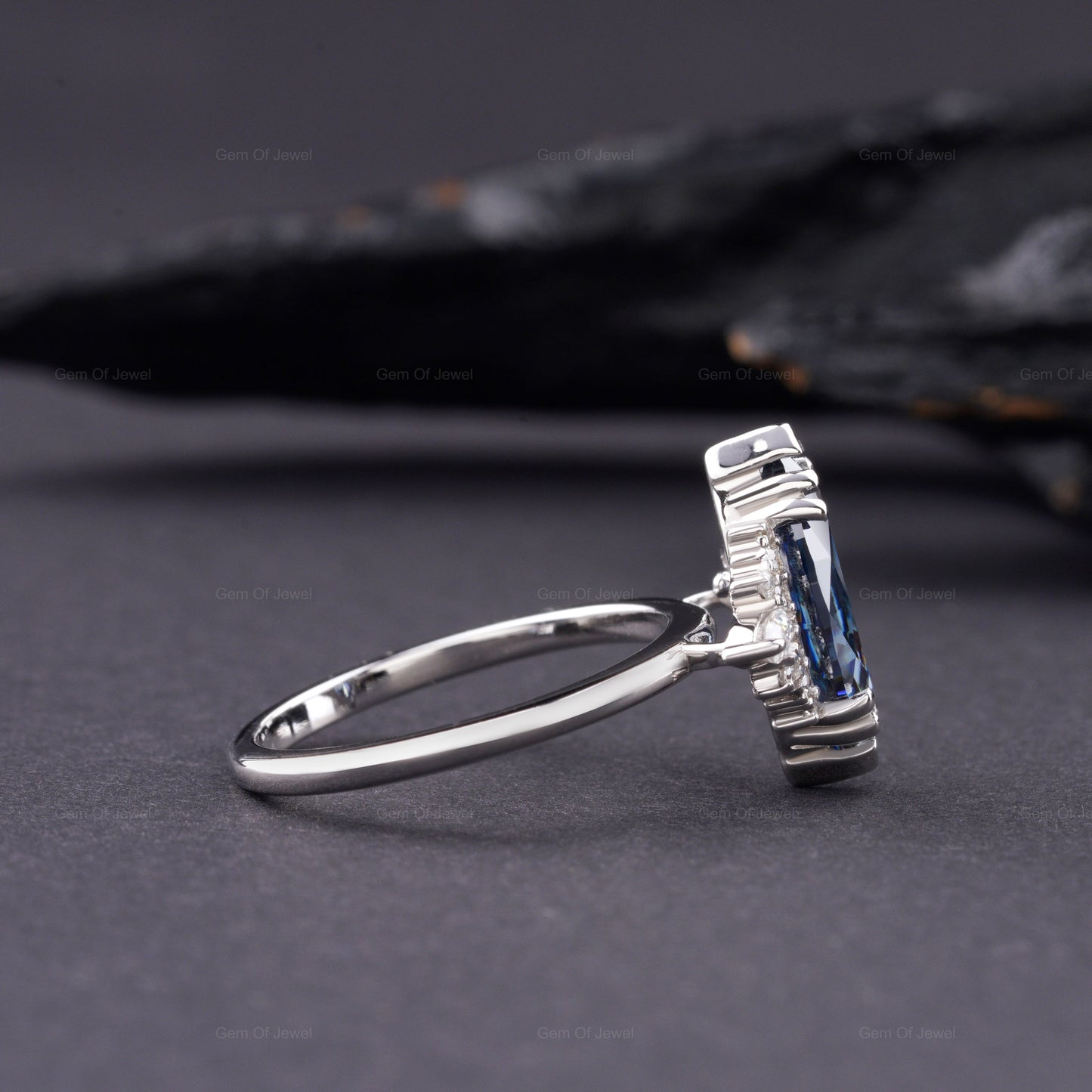 Blue Moissanite Marquise Diamond Ring, Marquise Moissanite Diamond With Side Moissanite Diamond Ring, Blue Marquise Diamond Cluster Ring