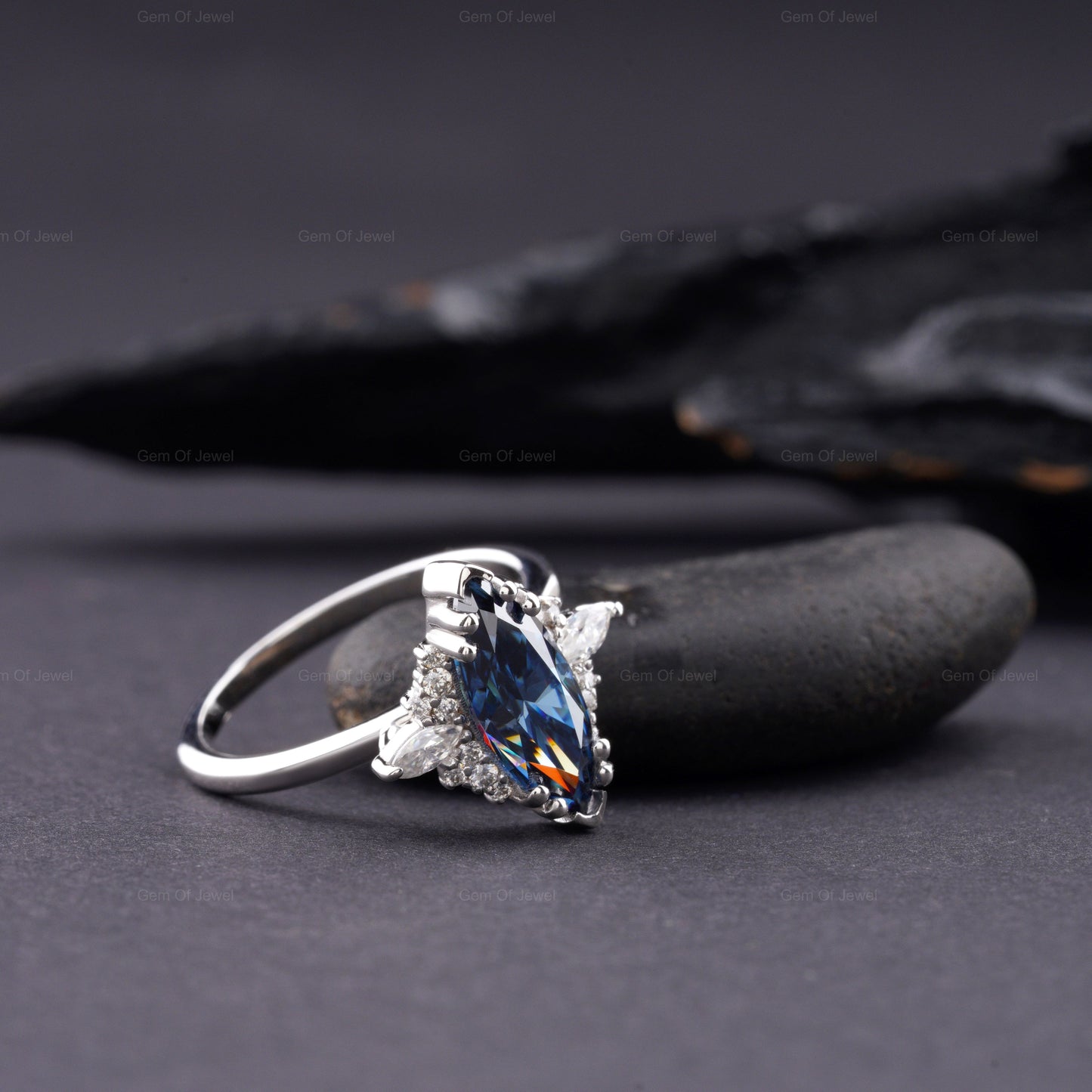 Blue Moissanite Marquise Diamond Ring, Marquise Moissanite Diamond With Side Moissanite Diamond Ring, Blue Marquise Diamond Cluster Ring