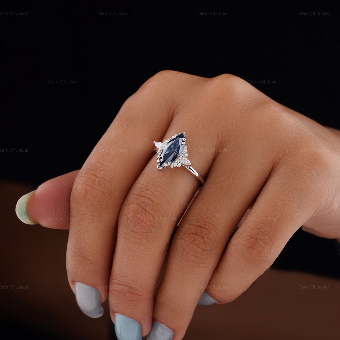 Blue Moissanite Marquise Diamond Ring, Marquise Moissanite Diamond With Side Moissanite Diamond Ring, Blue Marquise Diamond Cluster Ring