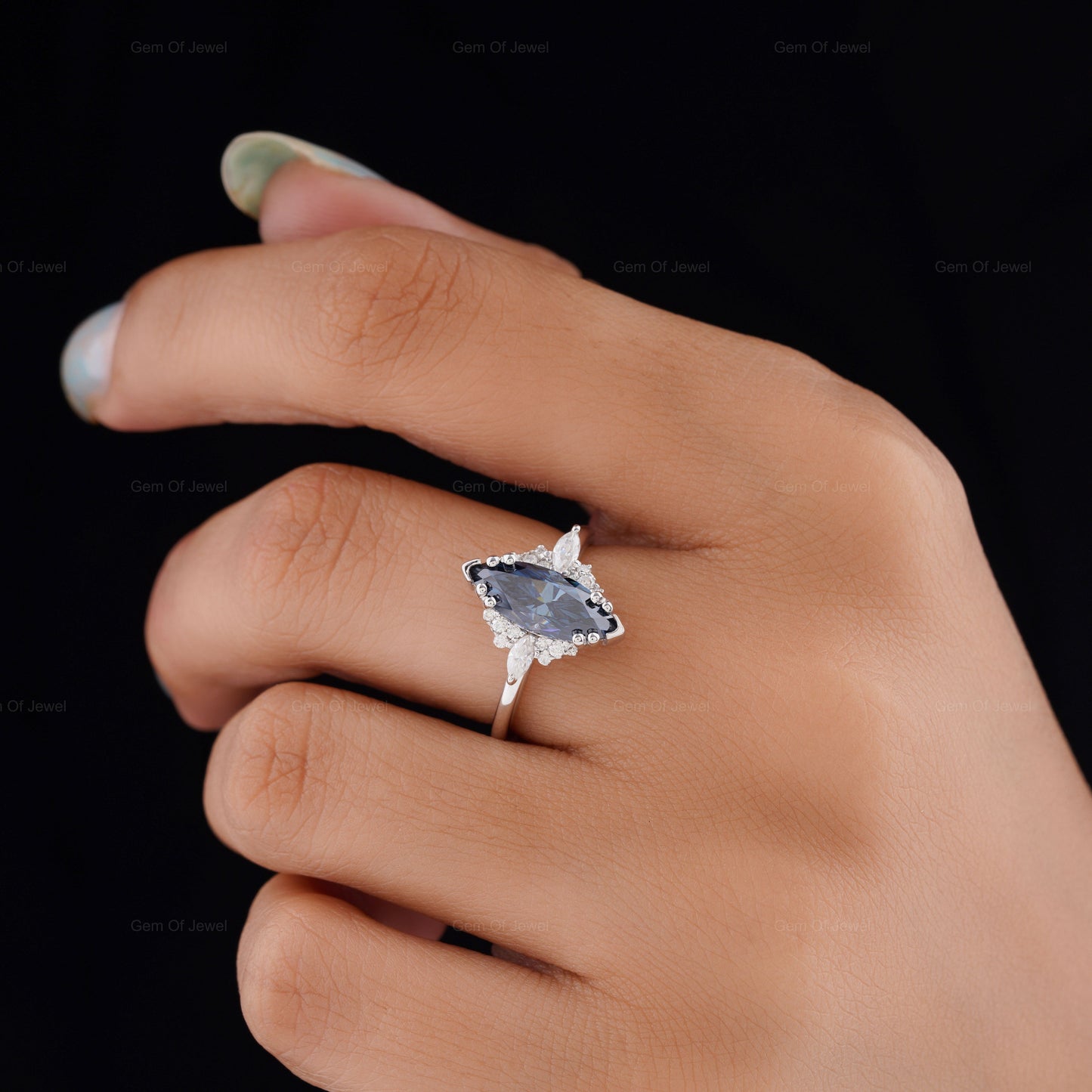 Blue Moissanite Marquise Diamond Ring, Marquise Moissanite Diamond With Side Moissanite Diamond Ring, Blue Marquise Diamond Cluster Ring