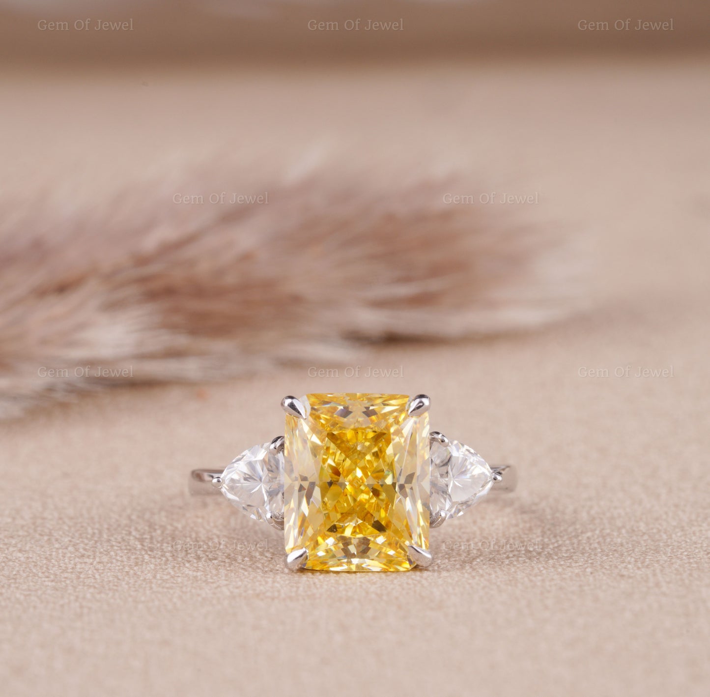 Radiant Yellow Sapphire With Side Trillion Moissanite Three Stone Diamond Gold Ring For Her Or Engagement Ring, Yellow Sapphire Diamond Ring