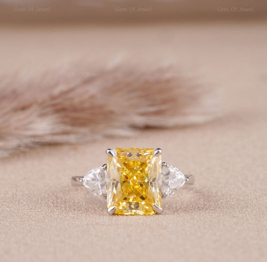 Radiant Yellow Sapphire With Side Trillion Moissanite Three Stone Diamond Gold Ring For Her Or Engagement Ring, Yellow Sapphire Diamond Ring