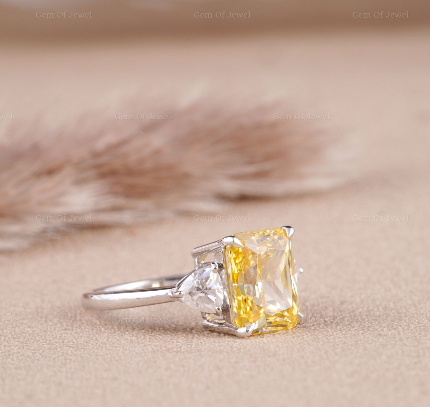 Radiant Yellow Sapphire With Side Trillion Moissanite Three Stone Diamond Gold Ring For Her Or Engagement Ring, Yellow Sapphire Diamond Ring