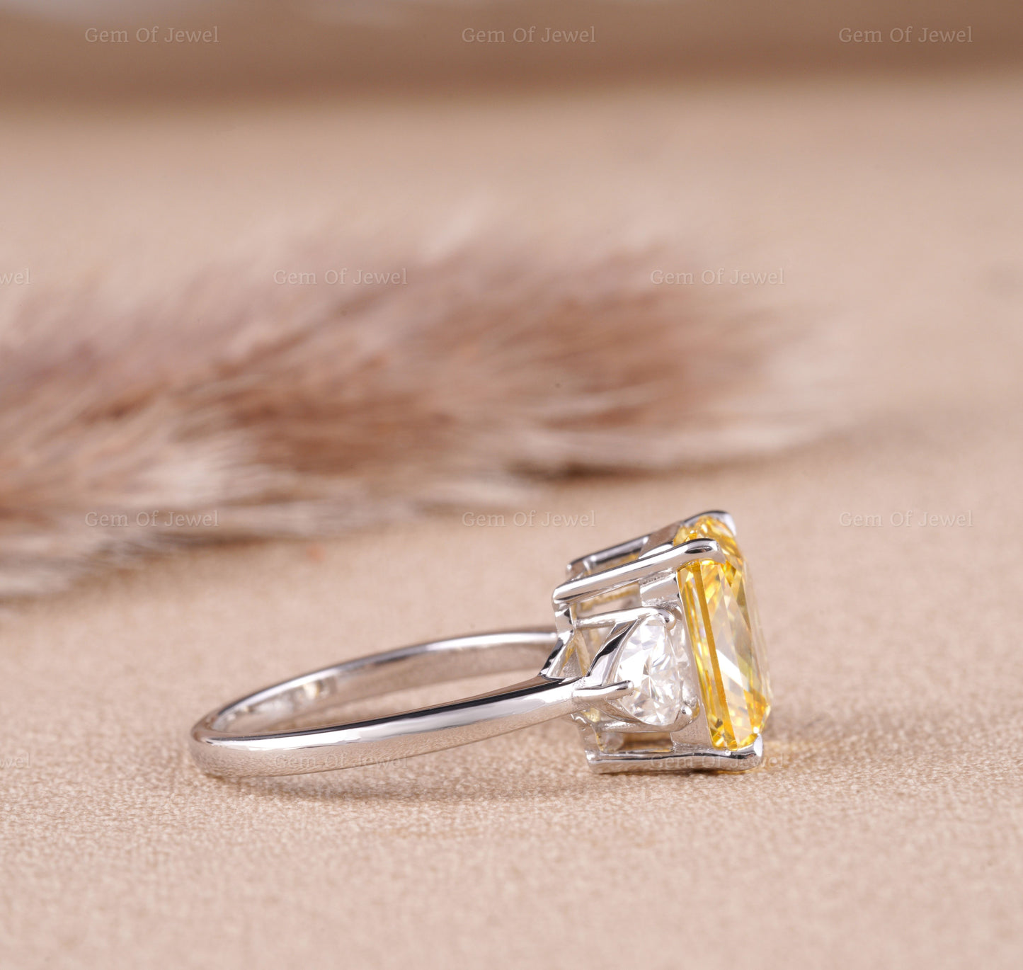 Radiant Yellow Sapphire With Side Trillion Moissanite Three Stone Diamond Gold Ring For Her Or Engagement Ring, Yellow Sapphire Diamond Ring