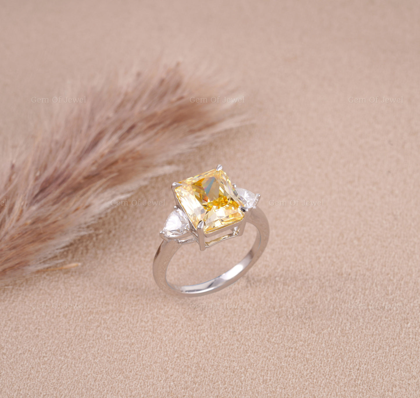 Radiant Yellow Sapphire With Side Trillion Moissanite Three Stone Diamond Gold Ring For Her Or Engagement Ring, Yellow Sapphire Diamond Ring