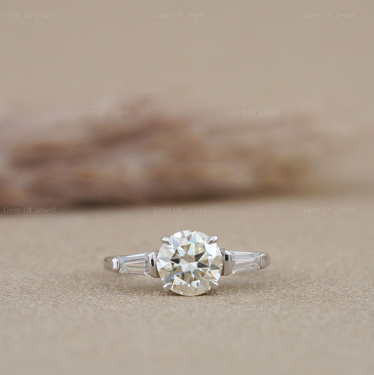 2CT Moissanite Round Cut Three Stone Ring Engagement Ring, Round And Tapered Baguette Moissanite Three Stone Moissanite Ring, 2CT Ring Gift