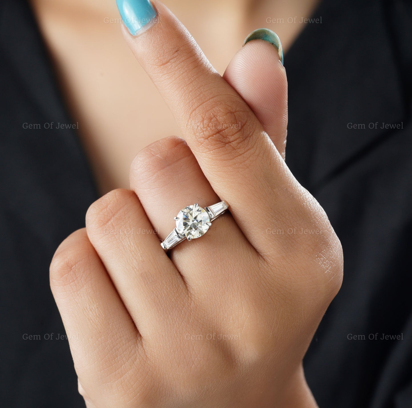 2CT Moissanite Round Cut Three Stone Ring Engagement Ring, Round And Tapered Baguette Moissanite Three Stone Moissanite Ring, 2CT Ring Gift