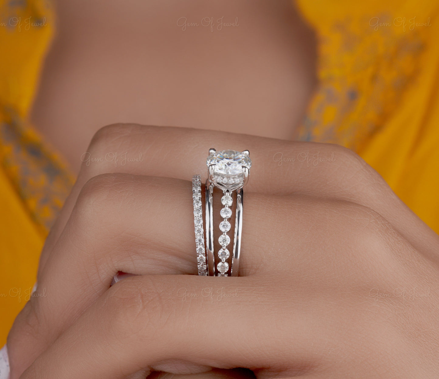 2CT Round Moissanite Diamond Wedding 4pc Set, Stackable Wedding Set, Round Moissanite Diamond Ring With Matching Wedding Bridal Set Of 4pc