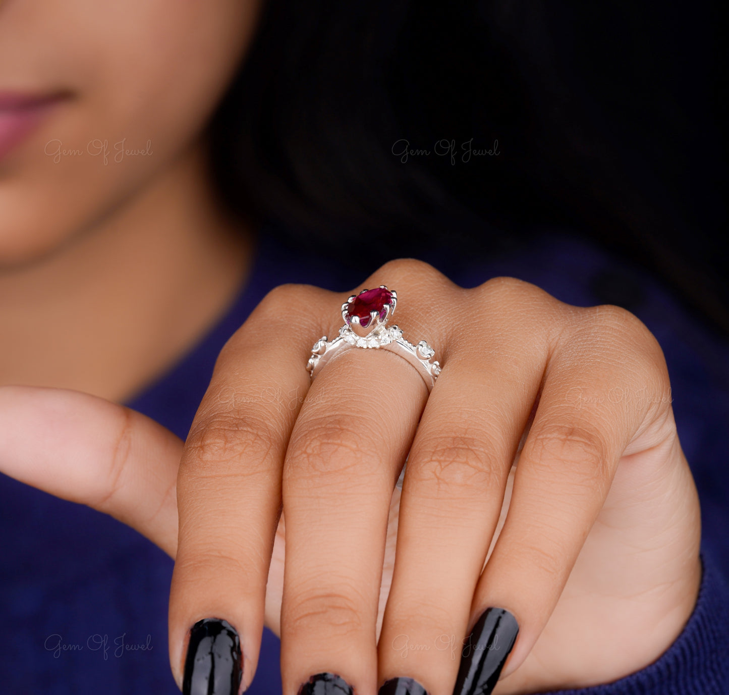 Red Ruby Stone Marquise Cut Ring, Ruby Red Stone Ring For Her, Red Garnet Ring Marquise Diamond With Side Round Moissanite Diamond Ring