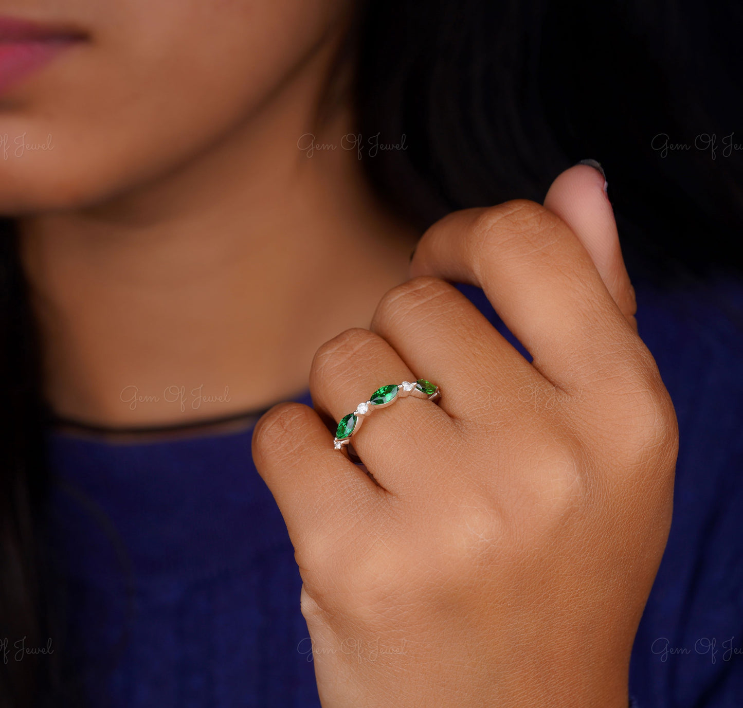 Green Marquise Diamond Wedding Band, Marquise Green Sapphire And Round Moissanite Diamond Matching Band For Her, Matching Wedding Band Gift