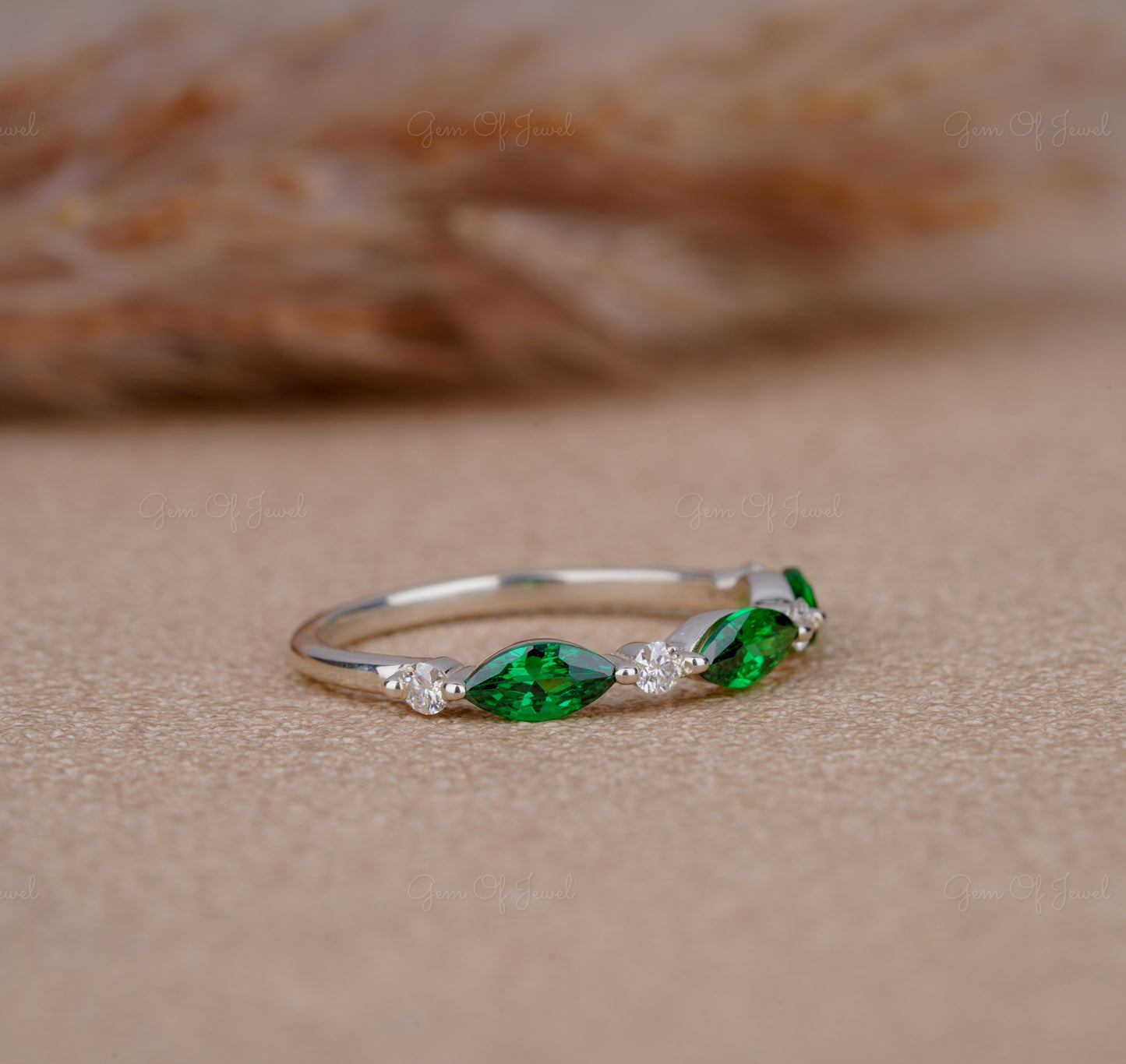 Green Marquise Diamond Wedding Band, Marquise Green Sapphire And Round Moissanite Diamond Matching Band For Her, Matching Wedding Band Gift