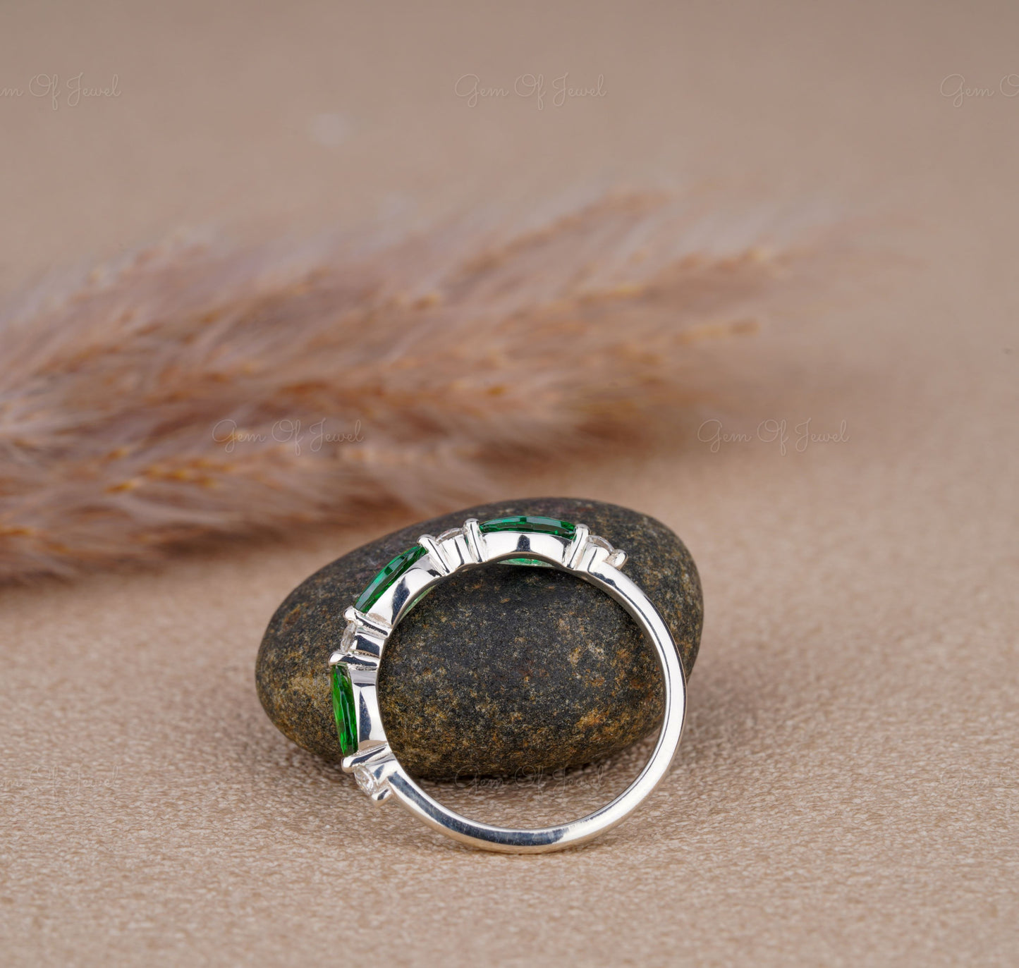 Green Marquise Diamond Wedding Band, Marquise Green Sapphire And Round Moissanite Diamond Matching Band For Her, Matching Wedding Band Gift