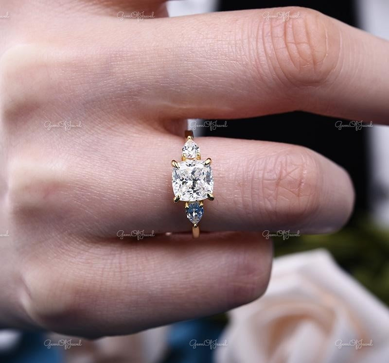 Cushion Moissanite Diamond 1.5CT With Side Pear Moissanite Diamond Three Stone ring For her, Cushion Moissanite Diamond Ring Gift For her