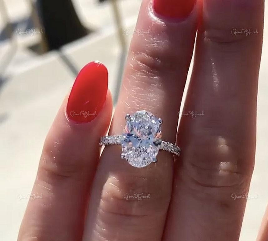 Oval Moissanite Diamond Engagement Ring With Side Round Moissanite Diamond And Invisible Under Halo Ring, Oval Cut Diamond Ring For Her