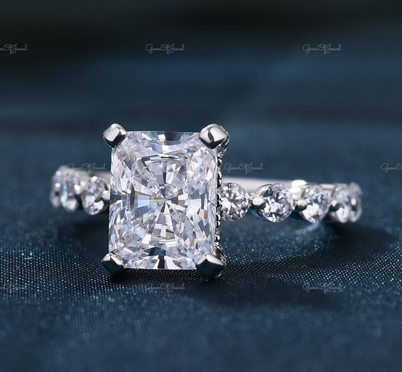 Radiant Cut Moissanite Diamond With Halo And Floating Bubble Band Of Round Moissanite, Radiant Moissanite Diamond Ring, Floating Bubble Band