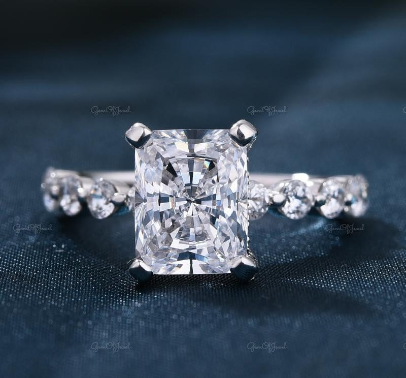 Radiant Cut Moissanite Diamond With Halo And Floating Bubble Band Of Round Moissanite, Radiant Moissanite Diamond Ring, Floating Bubble Band